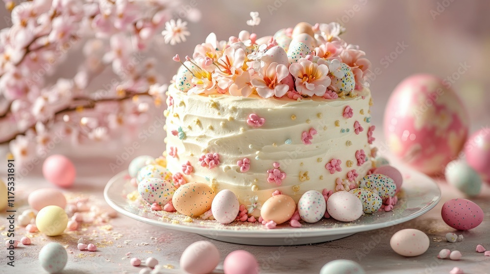A festive table displays a beautiful Easter cake decorated with pastel colors, miniature Easter eggs, and flowers. A festive table displays a beautiful Easter cake decorated with pastel colors, miniature Easter eggs, and flowers.