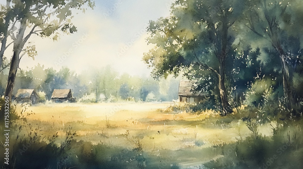 Obraz premium Serene Summer Landscape: Watercolor Painting of Rustic Cabins in a sun-drenched field