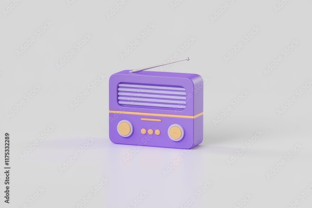 A purple retro radio with antenna, simple 3D design, nostalgic vibes. A purple retro radio with antenna, simple 3D design, nostalgic vibes.