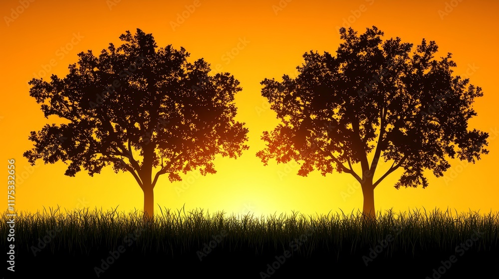 Two Silhouetted Trees at Sunset, Golden Sky, Grassy Field Two Silhouetted Trees at Sunset, Golden Sky, Grassy Field
