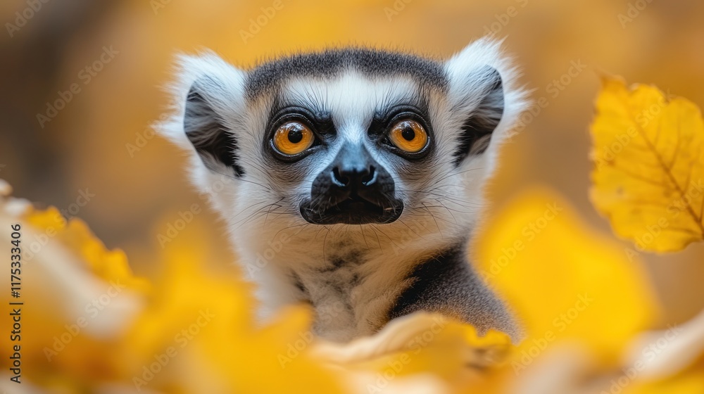 Obraz premium Ring-tailed lemur portrait amidst autumn leaves.