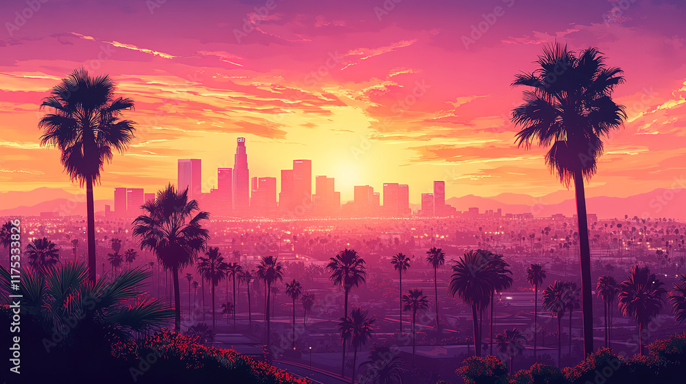 Fototapeta premium Stunning Sunset Over Los Angeles Skyline and Palm Trees