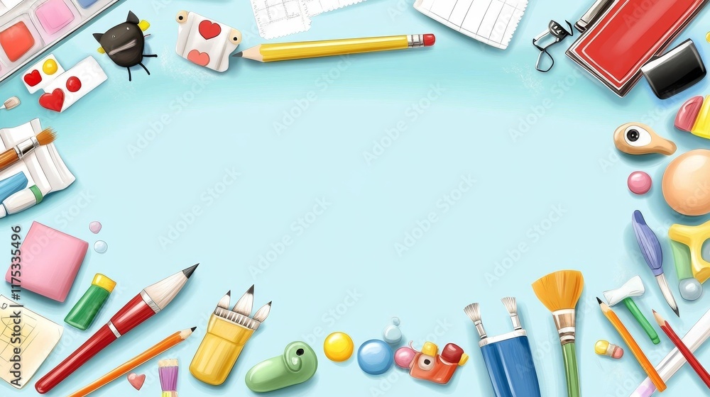 Vibrant Array of Art Supplies Forming a Border on a Light Blue Background Vibrant Array of Art Supplies Forming a Border on a Light Blue Background