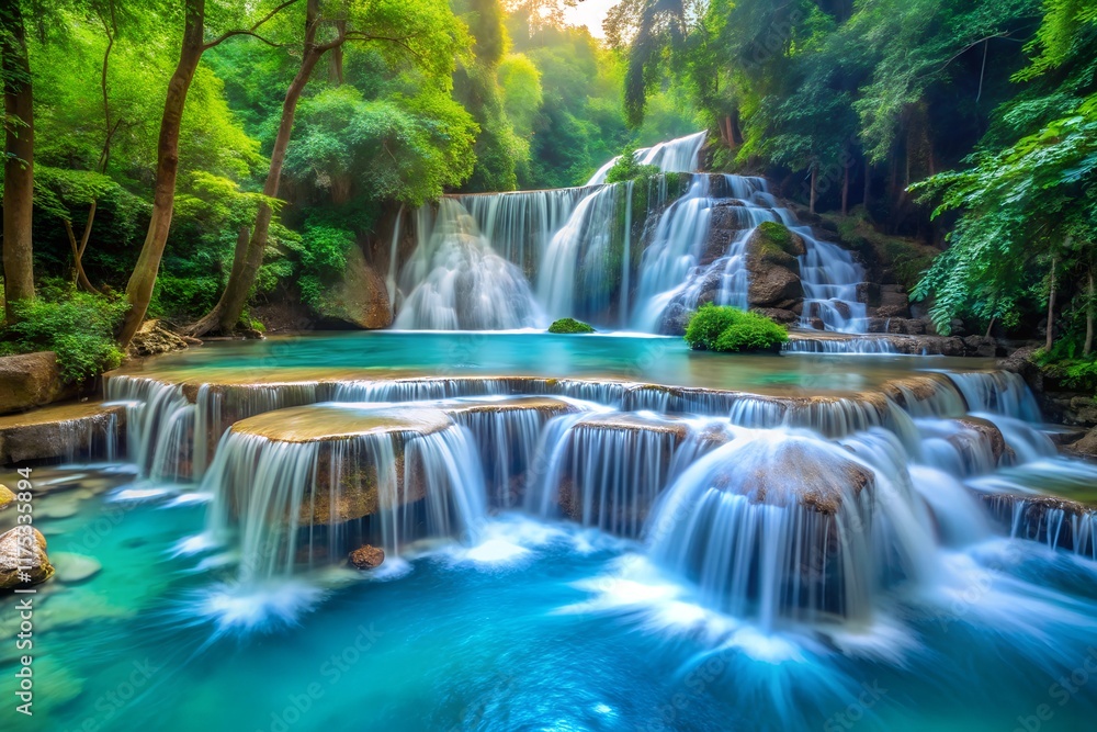 Fototapeta premium natural and beautiful waterfall in the forest with green trees in the background