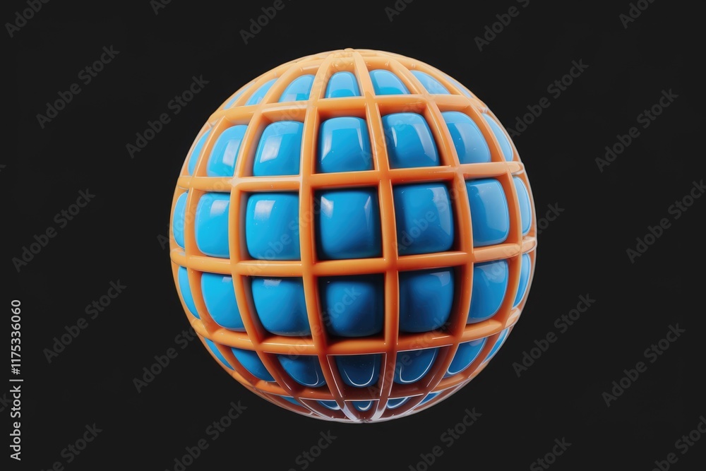 A 3D rendered sphere with blue segments encased in an orange grid. A 3D rendered sphere with blue segments encased in an orange grid.