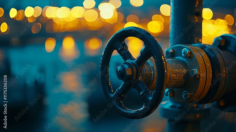 Obraz premium Close-up of a gas pipeline valve in an industrial setting, representing energy infrastructure and natural gas supply systems.