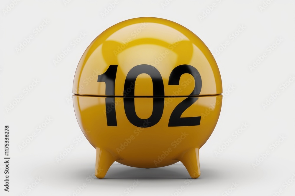 A yellow spherical object with the number 102 prominently displayed. A yellow spherical object with the number 102 prominently displayed.