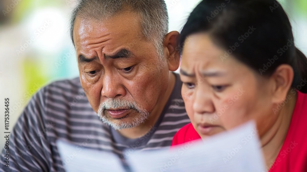 Senior couple looking worried at documents, discussing financial planning or legal matters, reflecting concerns about future security and decision-making. Senior couple looking worried at documents, discussing financial planning or legal matters, reflecting concerns about future security and decision-making.