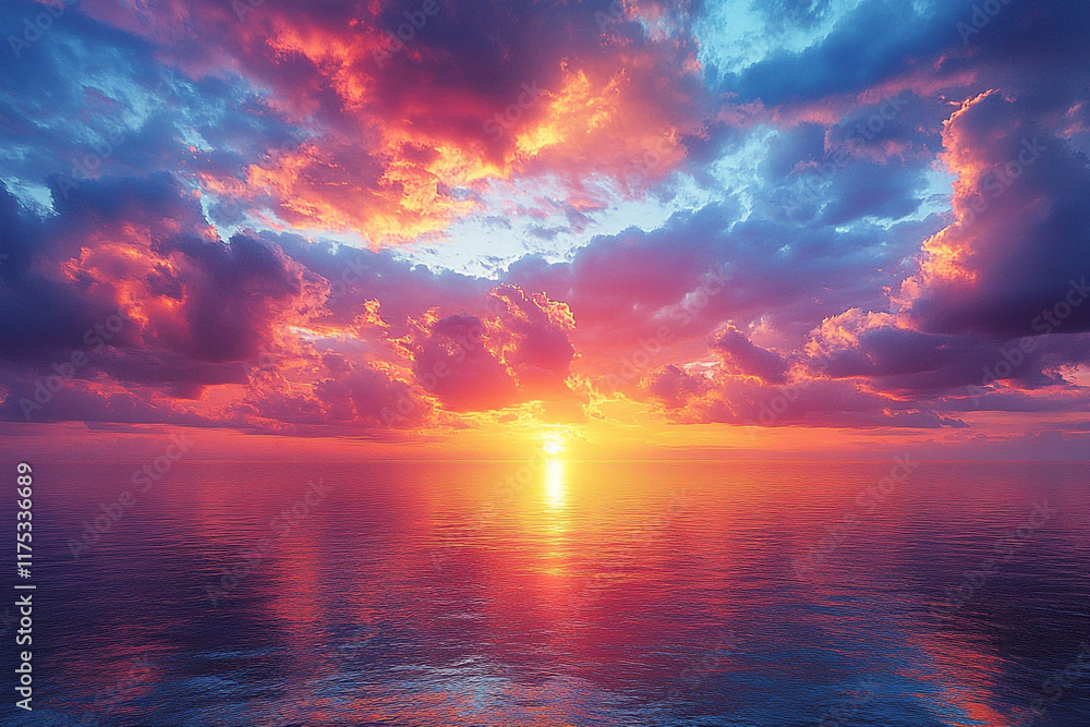 Obraz premium Vibrant Sunset Over Calm Ocean Water Cloudscape