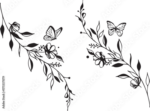 Black and white floral with leave  vector line art illustration