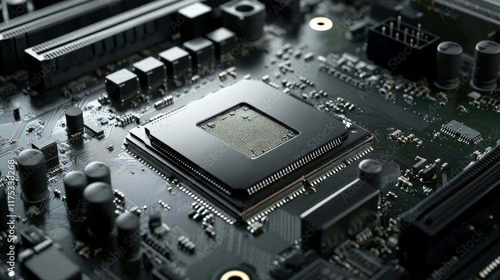 Fototapeta premium Close-Up View of a Modern Circuit Board with Microprocessor, Capacitors, and Resistors, Showcasing Intricate Technology and Electronic Components in Sharp Detail