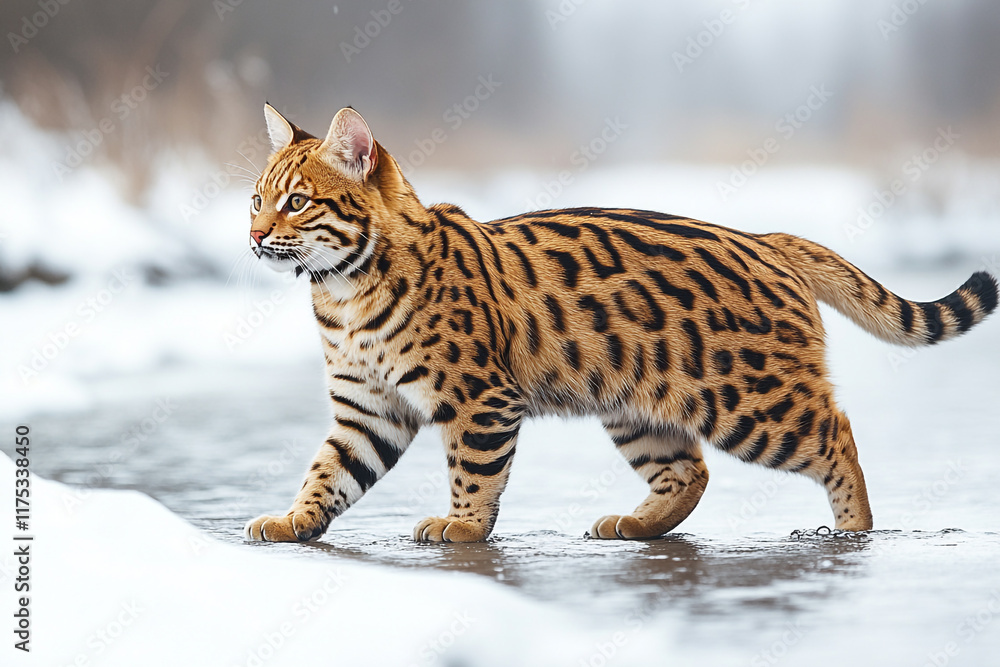 Fototapeta premium Bengal Cat Walking Through Winter Snow