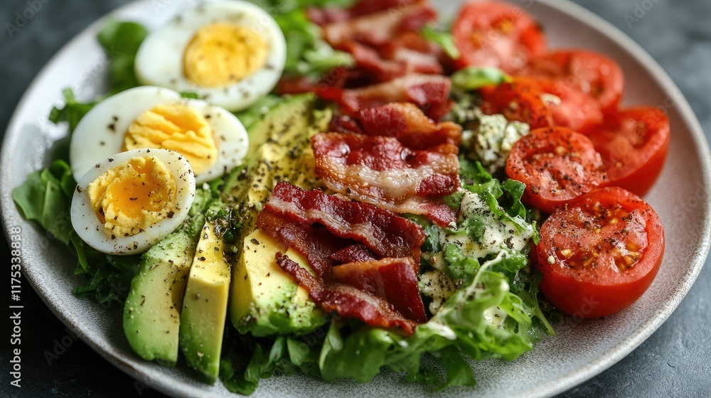 A white plate with a classic Cobb salad featuring bacon, avocado, and hard-boiled eggs, accompanied by a light vinaigrette dressing. A white plate with a classic Cobb salad featuring bacon, avocado, and hard-boiled eggs, accompanied by a light vinaigrette dressing.
