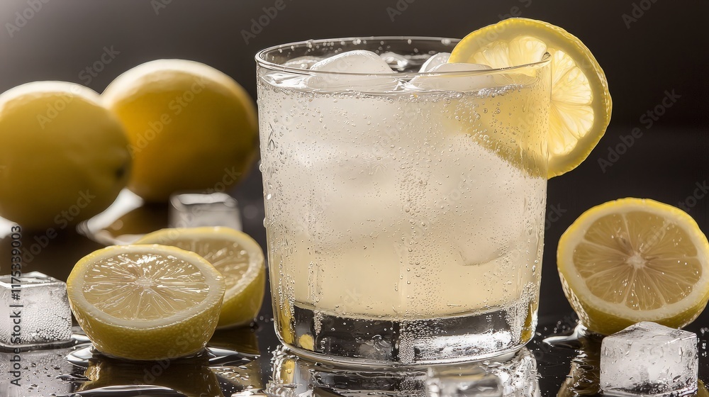Refreshing lemon drink with ice, close-up.