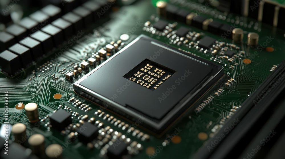 Close-Up of a Modern Microprocessor on a Circuit Board with Intricate Connections and Electronic Components Highlighting Technology and Innovation Close-Up of a Modern Microprocessor on a Circuit Board with Intricate Connections and Electronic Components Highlighting Technology and Innovation
