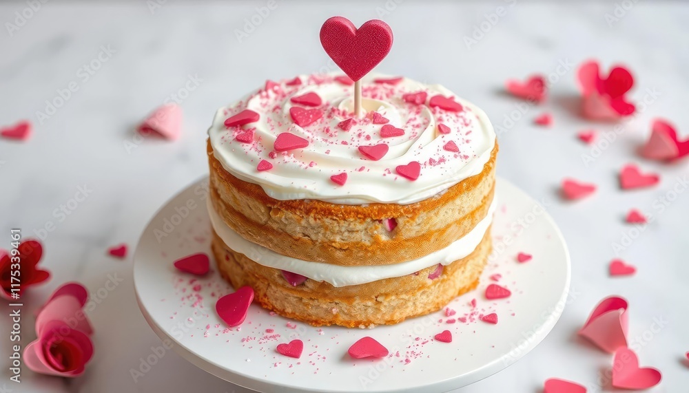 Pink heart-decorated layered cake on white plate Pink heart-decorated layered cake on white plate