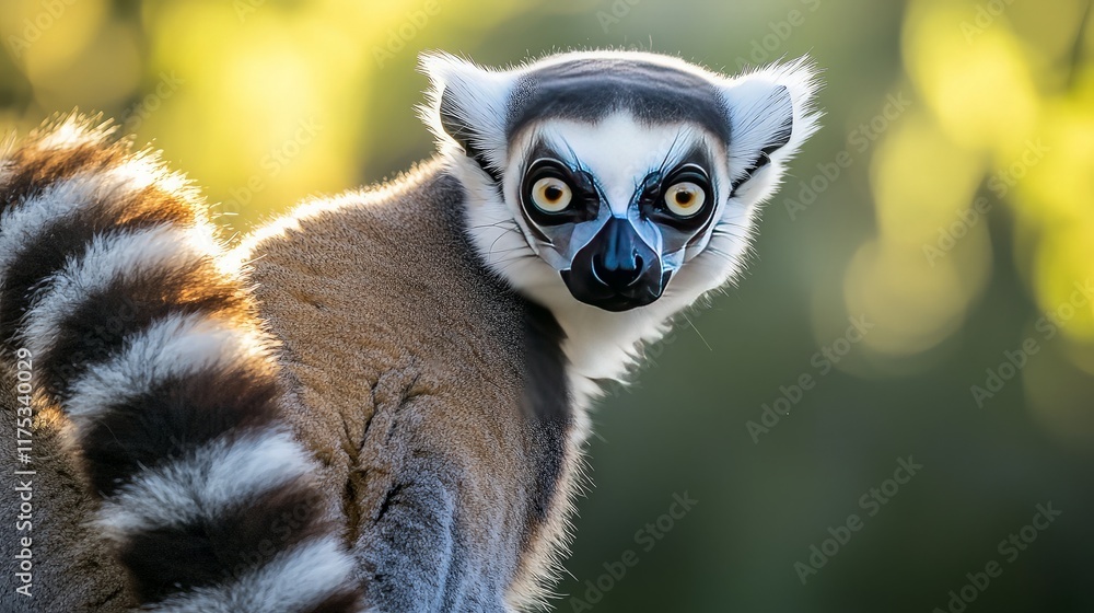 Obraz premium Ring-tailed lemur portrait, Madagascar wildlife, sunset bokeh background, nature photography.