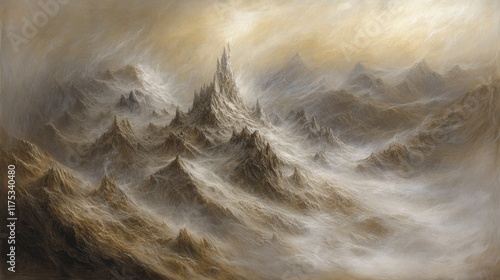 A majestic fantasy landscape featuring a towering castle-like mountain shrouded in mist. Ideal for book covers or album art.