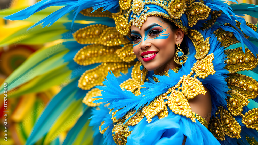 Photo of a woman in a vibrant blue and gold costume celebrating carnival in rio de Janeiro. Generative AI Photo of a woman in a vibrant blue and gold costume celebrating carnival in rio de Janeiro. Generative AI