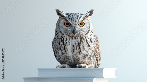 Wallpaper Mural A realistic owl perched on a stack of books, showcasing its striking features and colors. Torontodigital.ca