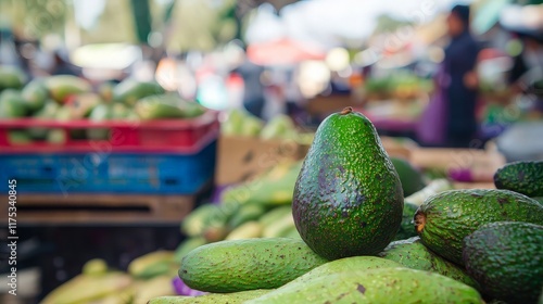 Ripe avocados at outdoor market, shoppers blurred background, healthy food sale.