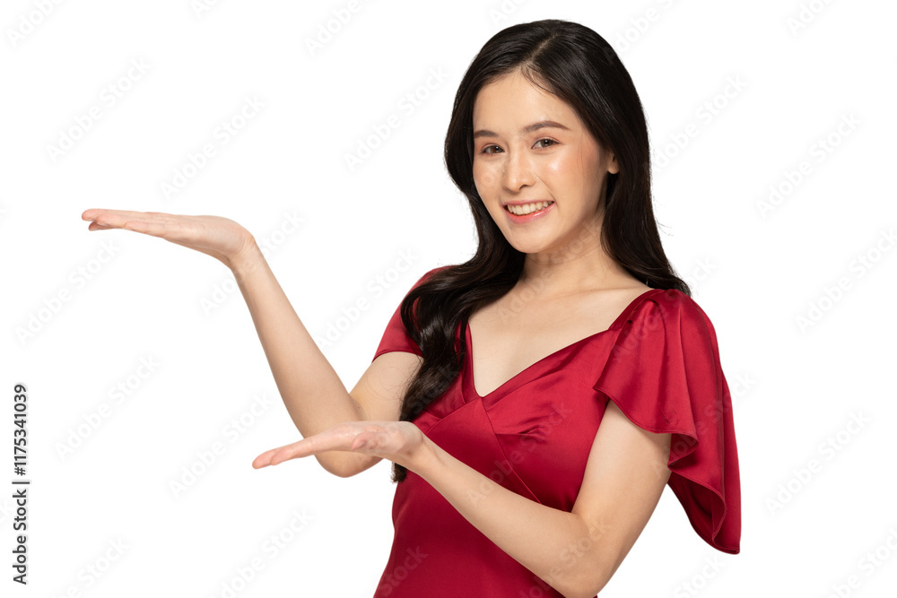 Smiling woman in red dress presenting with open hands on transparency background Smiling woman in red dress presenting with open hands on transparency background