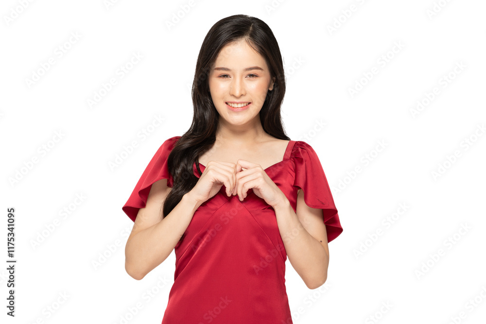 Smiling woman in red dress with cheerful expression on transparency background Smiling woman in red dress with cheerful expression on transparency background