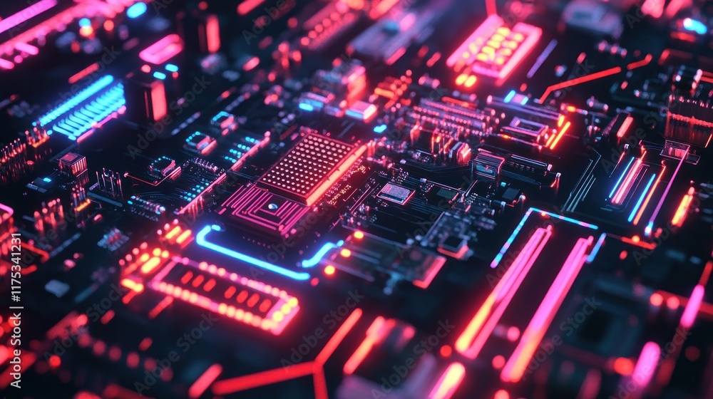 Fototapeta premium Abstract Circuit Board with Neon Lights