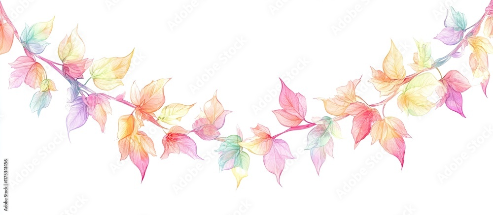 Vibrant Colorful Leaves Branch, Botanical Art Design, Nature's Hues in Pencil Sketch Vibrant Colorful Leaves Branch, Botanical Art Design, Nature's Hues in Pencil Sketch