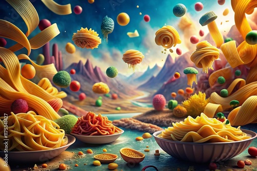 Surreal Pasta: 100g, 100kcal - Weightless Noodles Floating in a Dreamlike Landscape photo