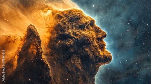 A majestic cosmic entity resembling a human face emerges from a nebula. Ideal for sci-fi art, wallpapers, and book covers.