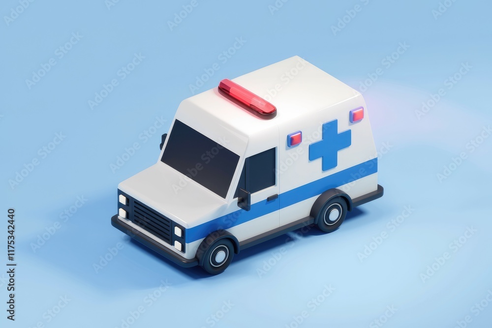 A low-poly 3D model of a white and blue ambulance with a red light on top. A low-poly 3D model of a white and blue ambulance with a red light on top.