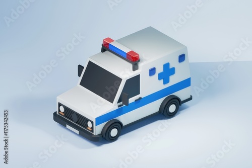 A low-poly 3D model of a white and blue ambulance with a red and blue flashing light on top. photo