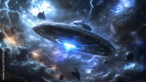 Spaceship Encounter: A cosmic voyage through a nebula of vibrant colors and electrifying storms.