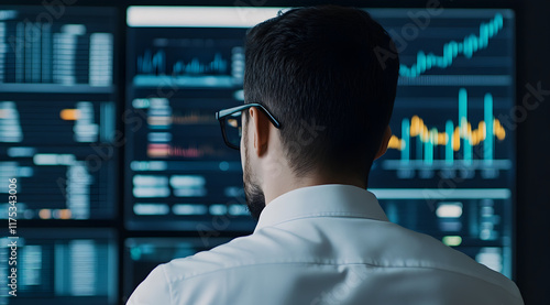 Wallpaper Mural A man in a white shirt analyzes financial data on multiple screens, showcasing stock charts and market trends. Torontodigital.ca