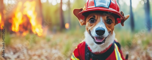 Brave dog in firefighter gear amidst forest fire scene photo