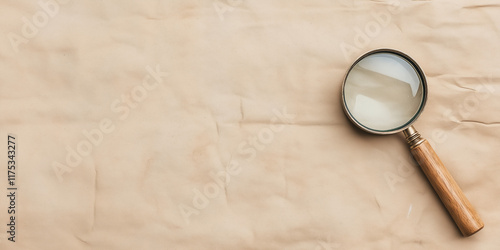 A magnifying glass with a wooden handle lies on crumpled brown paper, providing a vintage and investigative feel, perfect for exploration-themed concepts.