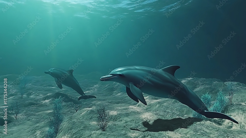 Underwater Serenity: Dolphins Grace the Ocean Floor Underwater Serenity: Dolphins Grace the Ocean Floor