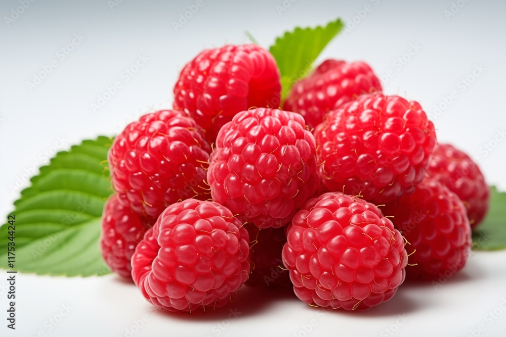 Fresh and Juicy Raspberries with Green Leaves on a White Background Fresh and Juicy Raspberries with Green Leaves on a White Background