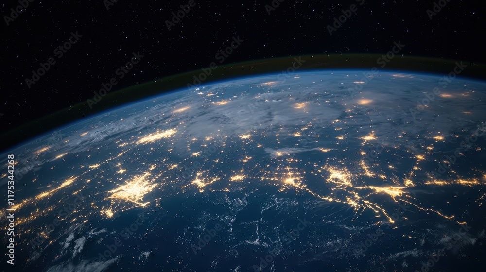 Obraz premium Earth at Night: A breathtaking view of our planet's illuminated cities and landscapes from space, showcasing the beauty and complexity of human civilization against the backdrop of the cosmos.