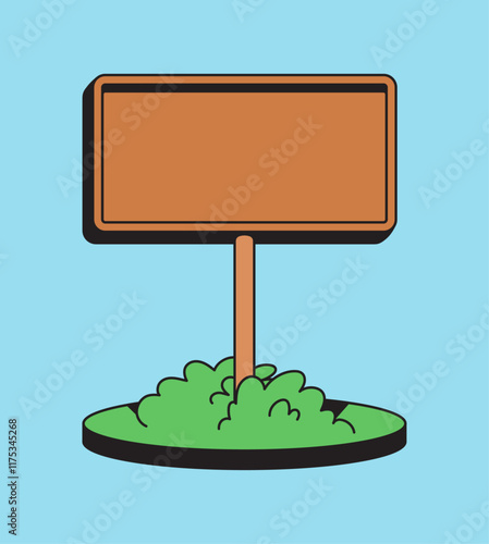 Blank space sign wood plank on Green grass base for custom messaging in hand drawn illustration vector