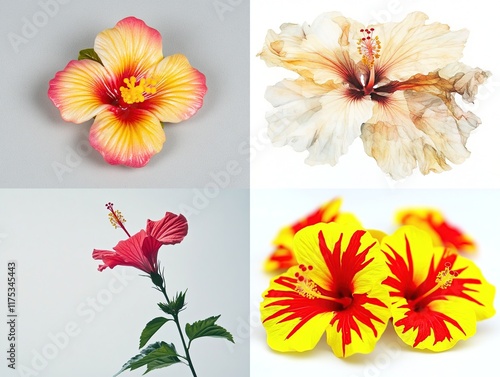 Four hibiscus flowers in various colors and stages. photo