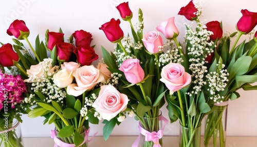Bouquet of assorted roses in vases, display for sale, light background