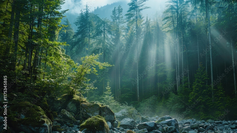 Obraz premium Tranquil Forest Scene with Sunlight Filtering Through Tall Trees and Mist Rising Above Rocky Stream in Lush Green Wilderness