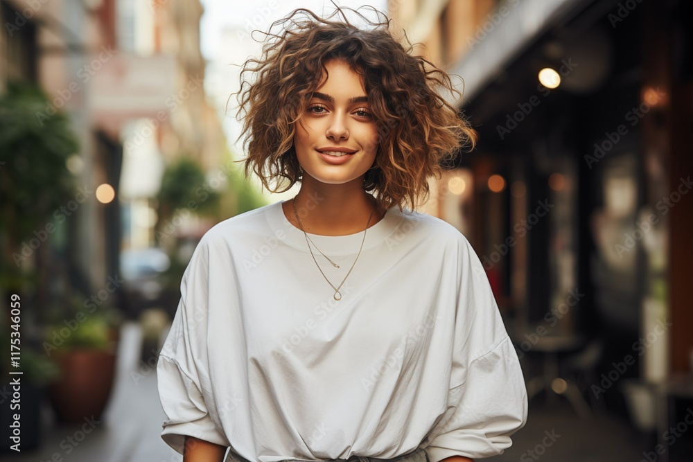 Fototapeta premium Fashionable Individual in Urban Street Setting Wearing White Top and Necklace
