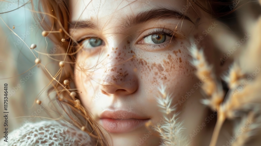 Close-Up Portrait of a Young Woman with Freckles Surrounded by Soft Natural Elements and Warm Tones Capturing Beauty and Serenity in Nature Close-Up Portrait of a Young Woman with Freckles Surrounded by Soft Natural Elements and Warm Tones Capturing Beauty and Serenity in Nature