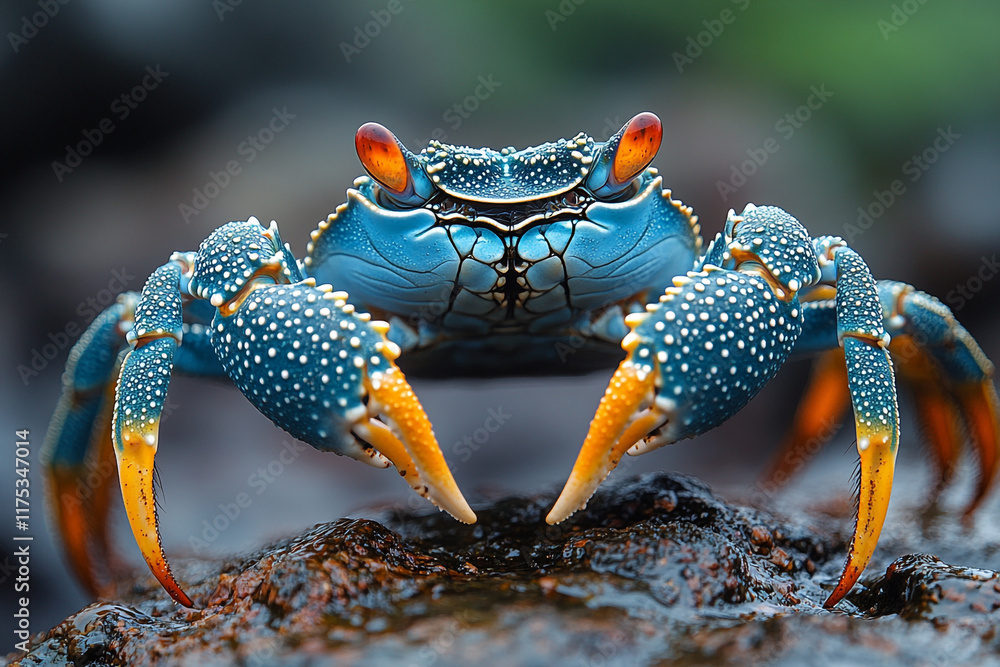 Vibrant Blue Crab on Dark Rock Surface Vibrant Blue Crab on Dark Rock Surface