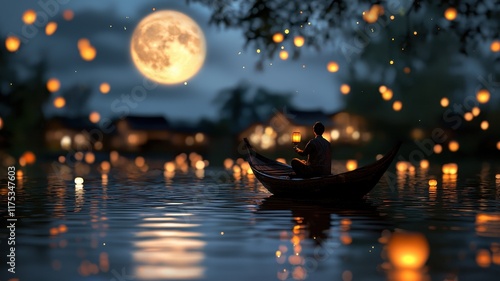 Full moon over a Chinese village, serene Lantern Festival night, 3D illustration photo