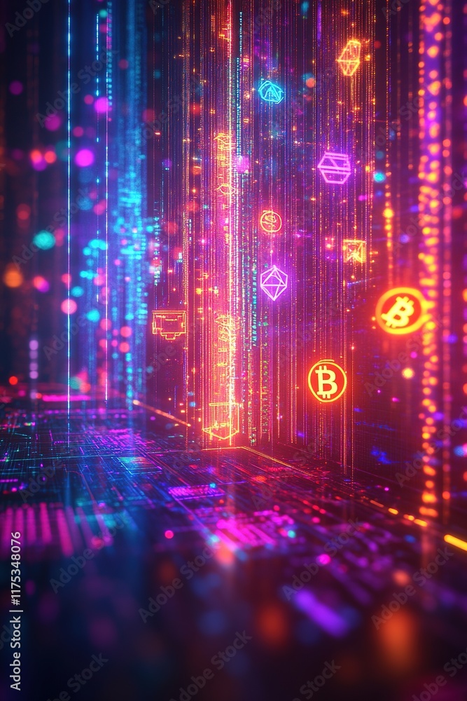 Obraz premium Neon lights cascade in digital landscape, showcasing vibrant cry