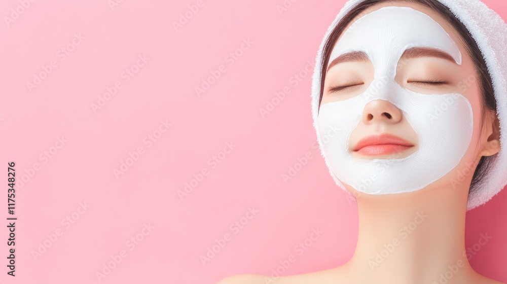 Woman with closed eyes relaxing with a facial mask on a pink background. Woman with closed eyes relaxing with a facial mask on a pink background.
